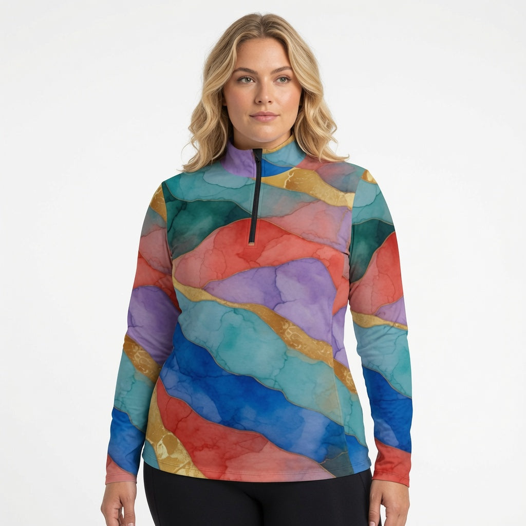 Watercolor Mosaic Stand-Collar Sport Top