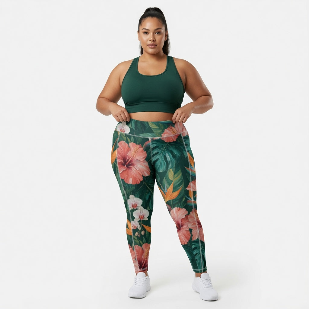 Paradise Hibiscus Print Leggings With Side Pockets